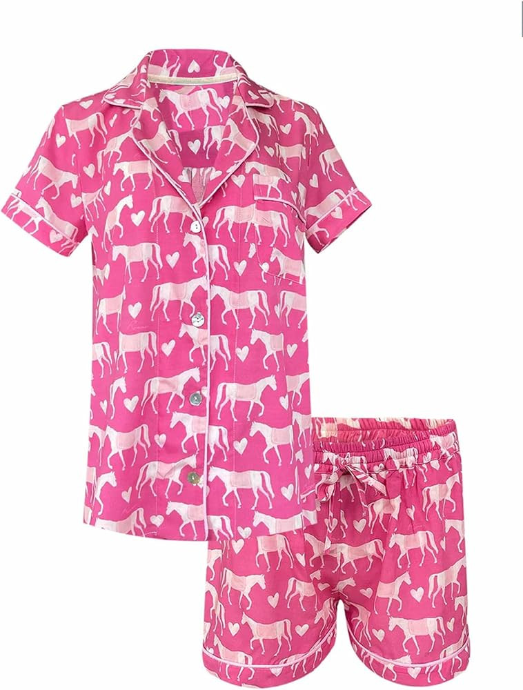 Women Cute Animal Print Pajama Set Short Sleeve Button Down Shirt Lounge Shorts Set Y2k Cartoon 2... | Amazon (US)