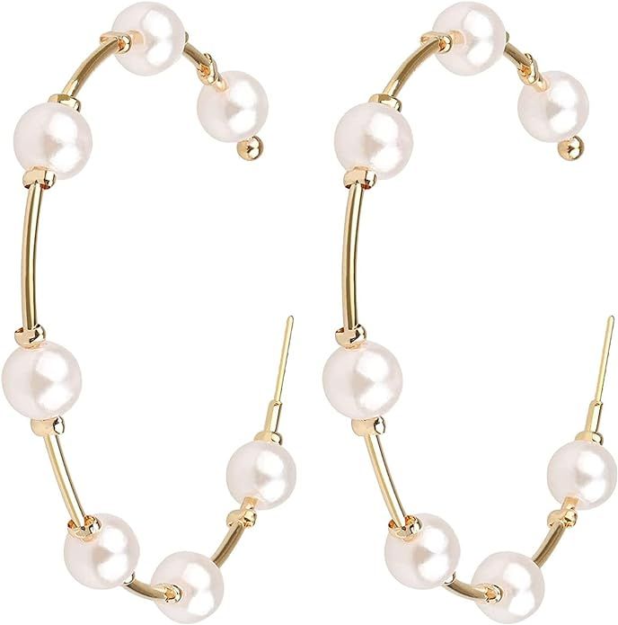 Pearl Earrings Dangle Large Hoops Circle Pearl Hoop Earrings for Women Trendy Hypoallergenic Pear... | Amazon (US)