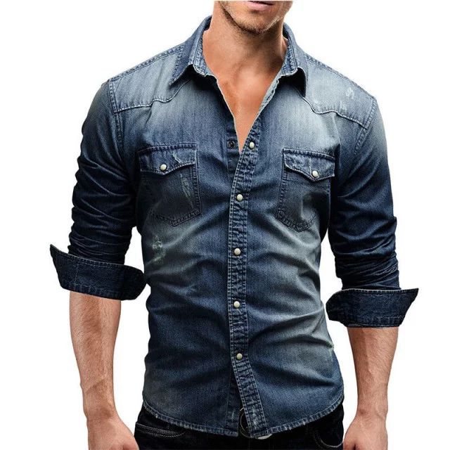 Men's Casual Denim Shirts Long Sleeve Button Down Slim Fit Distressed Western Jean Top Clothes | Walmart (US)