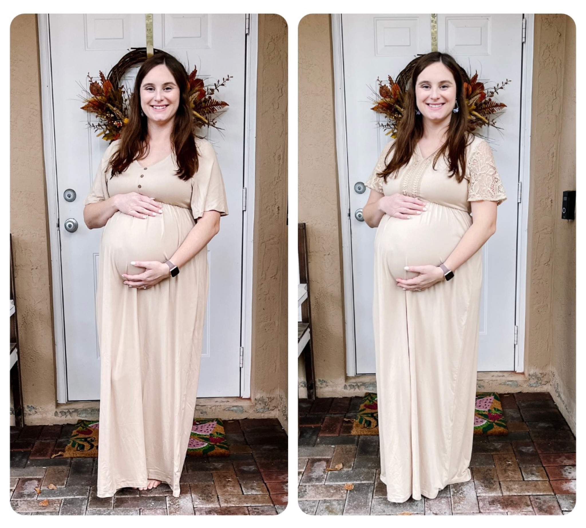 Two beige maternity dress options that are beautiful for family pictures. We just took some maternity family pictures in the beach and I wore the dress with the buttons. However, the dress with the crochet/lace sleeves is another pretty option too. 

Both dresses found on Amazon

#LTKbump #LTKfamily