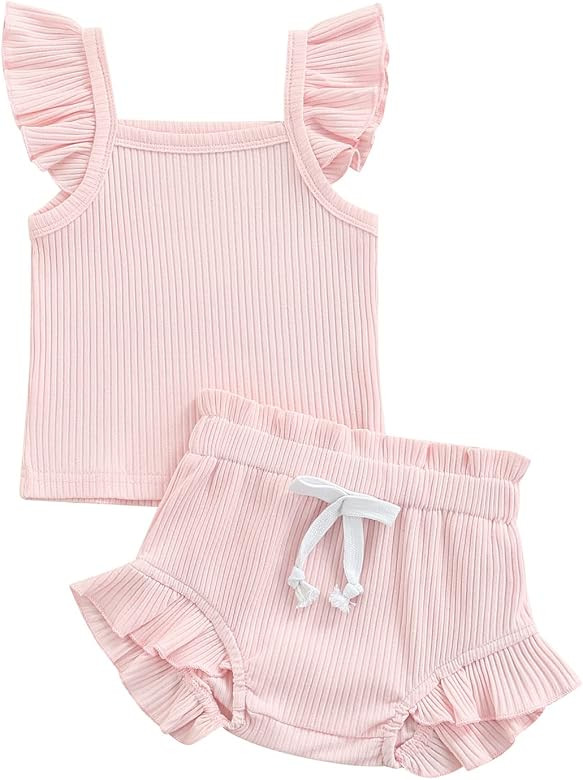 Toddler Baby Girl Summer Short Clothes Ribbed Ruffle Sleeve Tops+Elastic Drawstring Short Pants T... | Amazon (US)