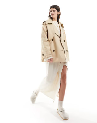 ASOS DESIGN short oversized trench coat in stone | ASOS (Global)