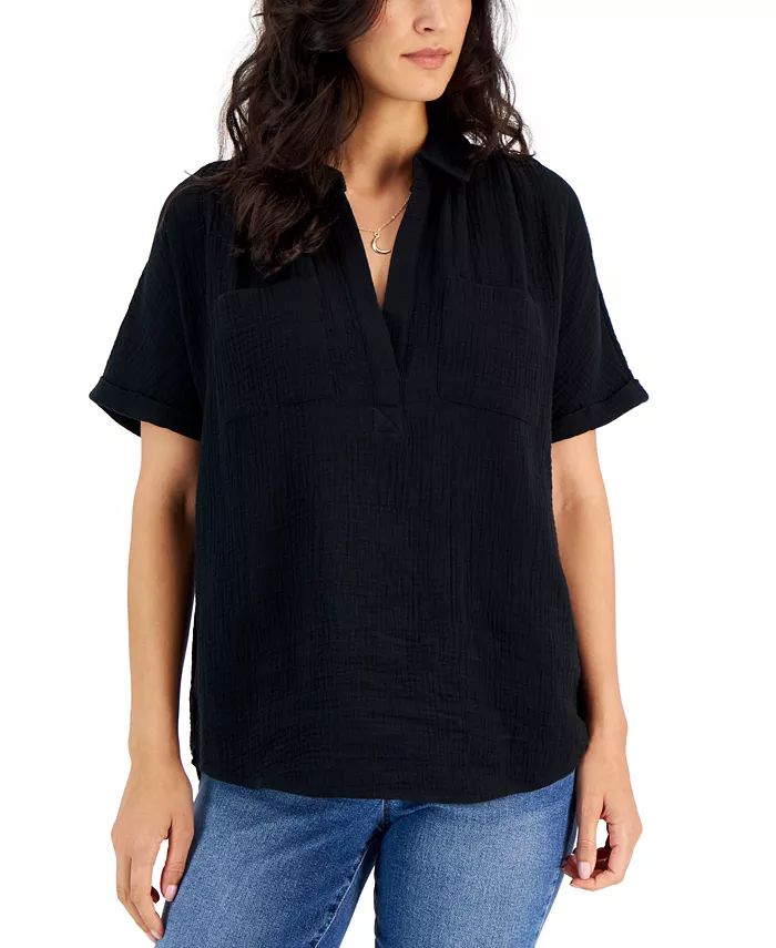Women's Cotton Crinkle Gauze Split-Neck Top, Created for Macy's | Macys (US)