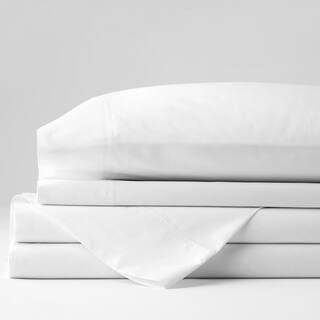 The Company Store Organic 4-Piece White Solid 300-Thread Count Cotton Percale Queen Sheet Set EC4... | The Home Depot