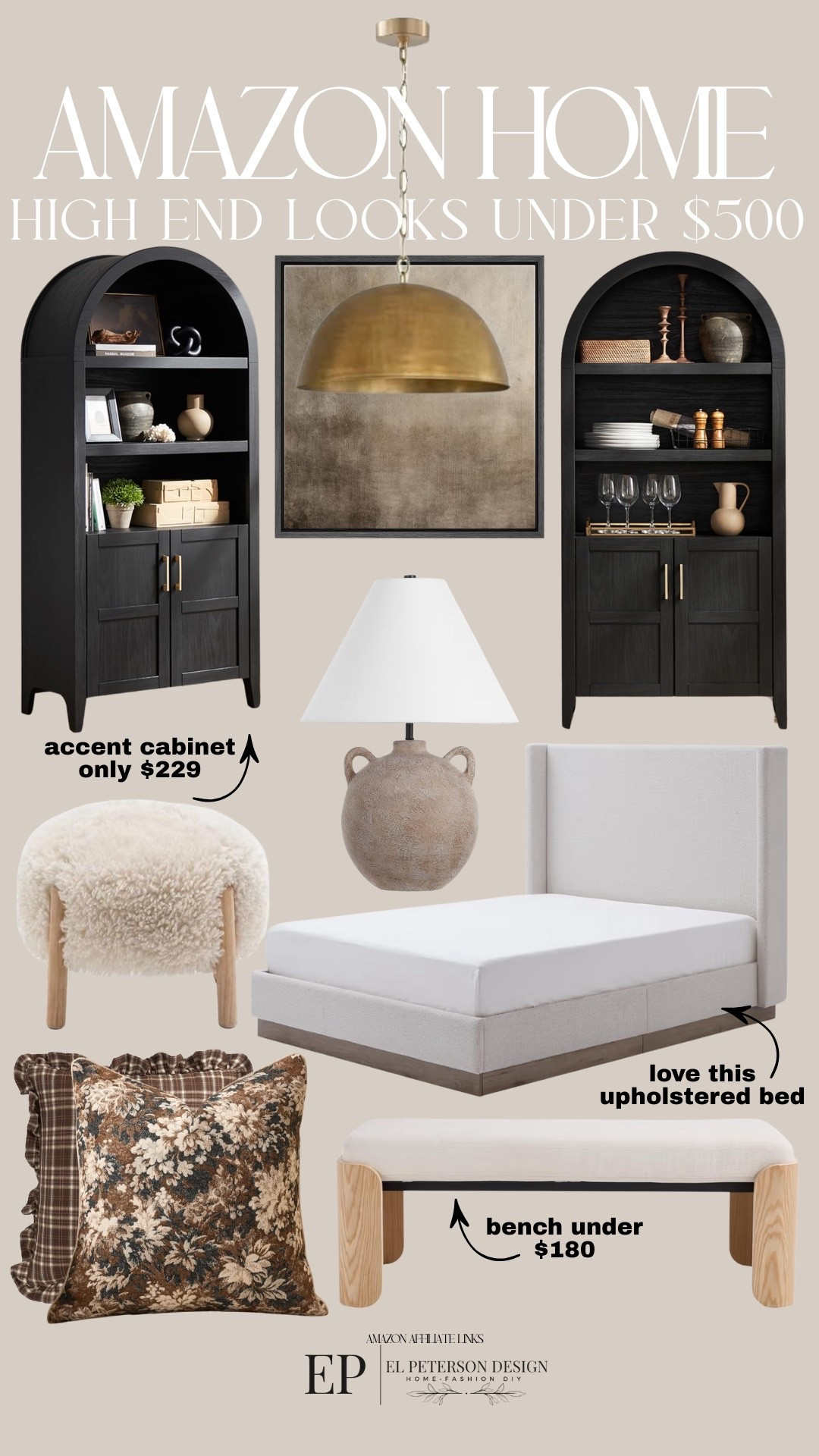 Amazon Home 
Arch cabinet 
Pendant light
Table lamp
Upholstered bed
Ottoman
Bench
Throw  pillows 

#LTKFindsUnder50 #LTKFindsUnder100 #LTKHome