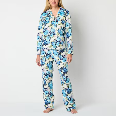 Adonna Womens Fleece Long Sleeve 2-pc. Pant Pajama Set, Medium, Blue | JCPenney