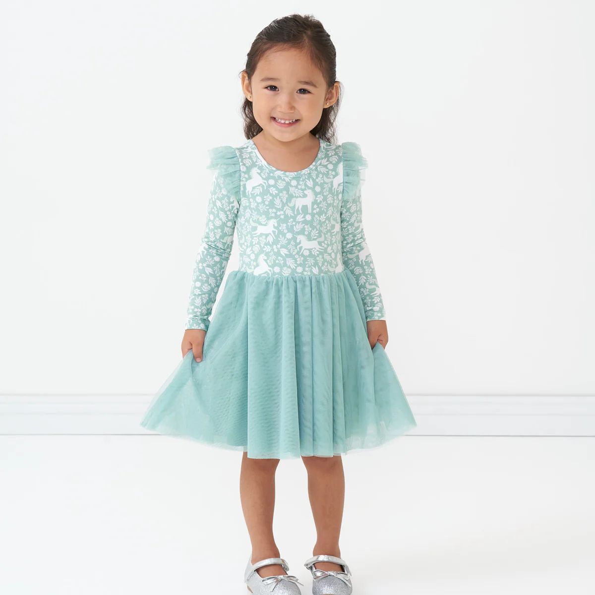 Unicorn Garden Long Sleeve Flutter Tutu Dress | Little Sleepies