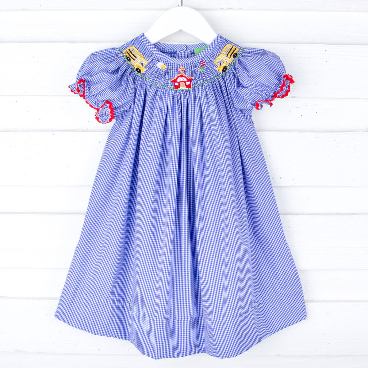 School Bus Smocked Royal Gingham Bishop Dress | Classic Whimsy