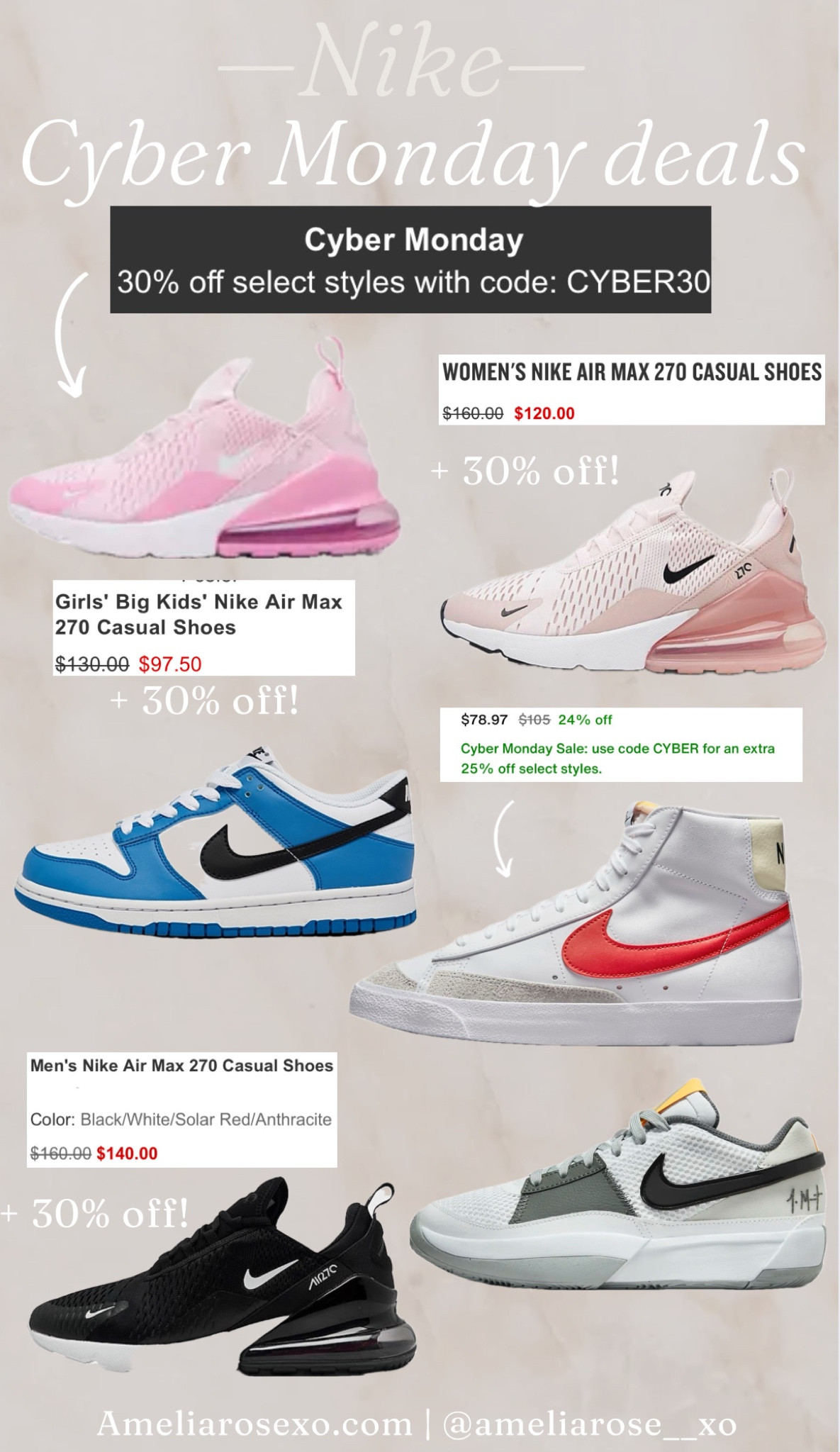 Nikes on sale—> use code cyber30 for 30% off at Finish line and code cyber for 25% off at Nike!! Both work on top of sale prices!! 

#LTKCyberWeek #LTKshoecrush #LTKGiftGuide