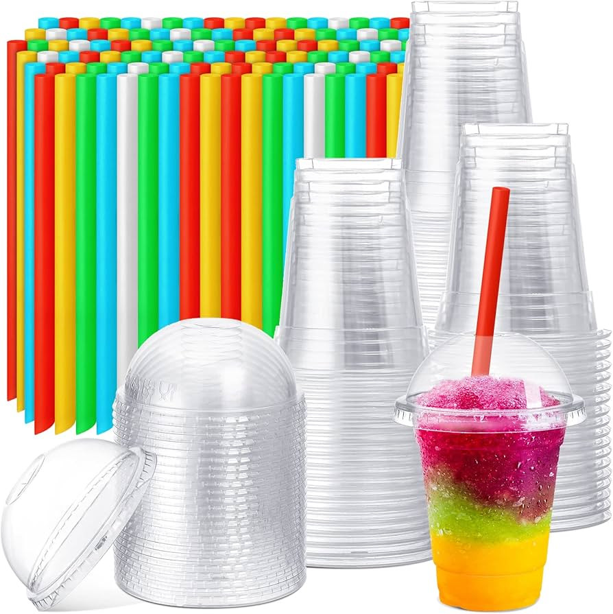 Lallisa 100 Sets Clear Plastic Cups with Dome Lids and Colorful Straws, Disposable Slushie Smooth... | Amazon (US)