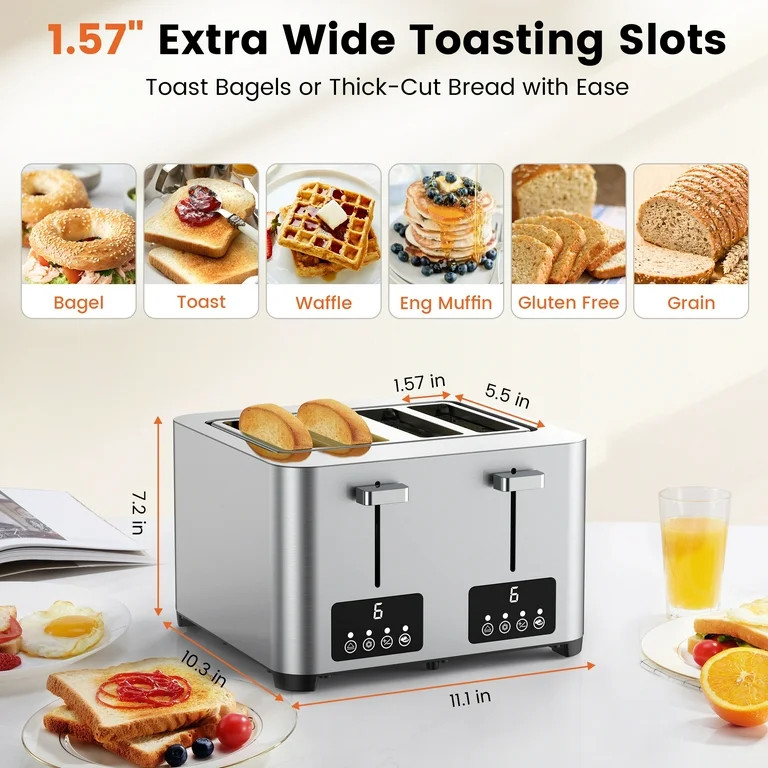 Suodoka Toaster 4 Slice with Touchscreen, Stainless Steel Bread Toaster, 6 Browning Shade Setting... | Walmart (US)