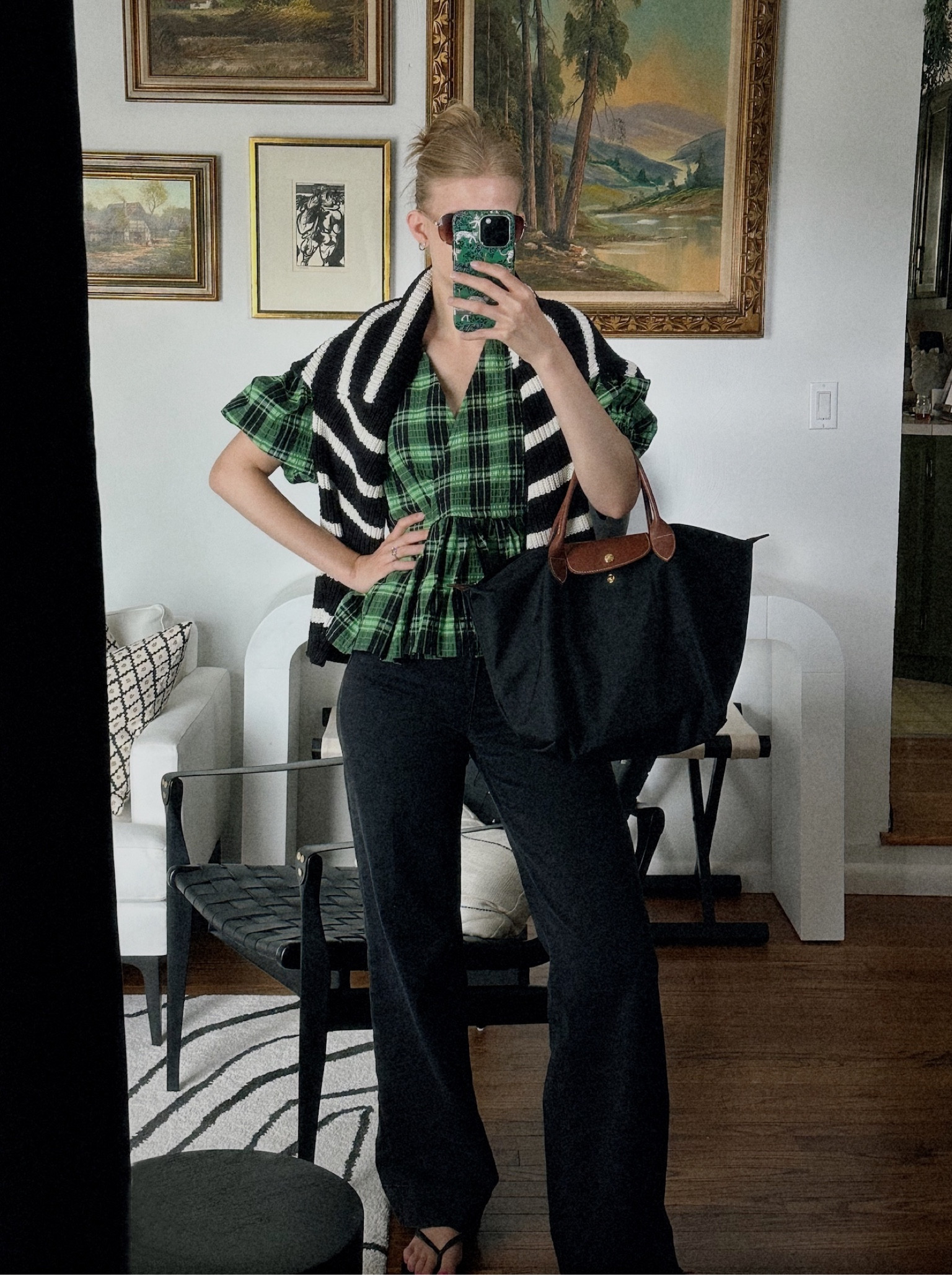 Mixing patterns for an easy summer night outfit for when it gets cold, wide leg denim, plaid, striped sweater 

#LTKitbag #LTKstyletip #LTKFind