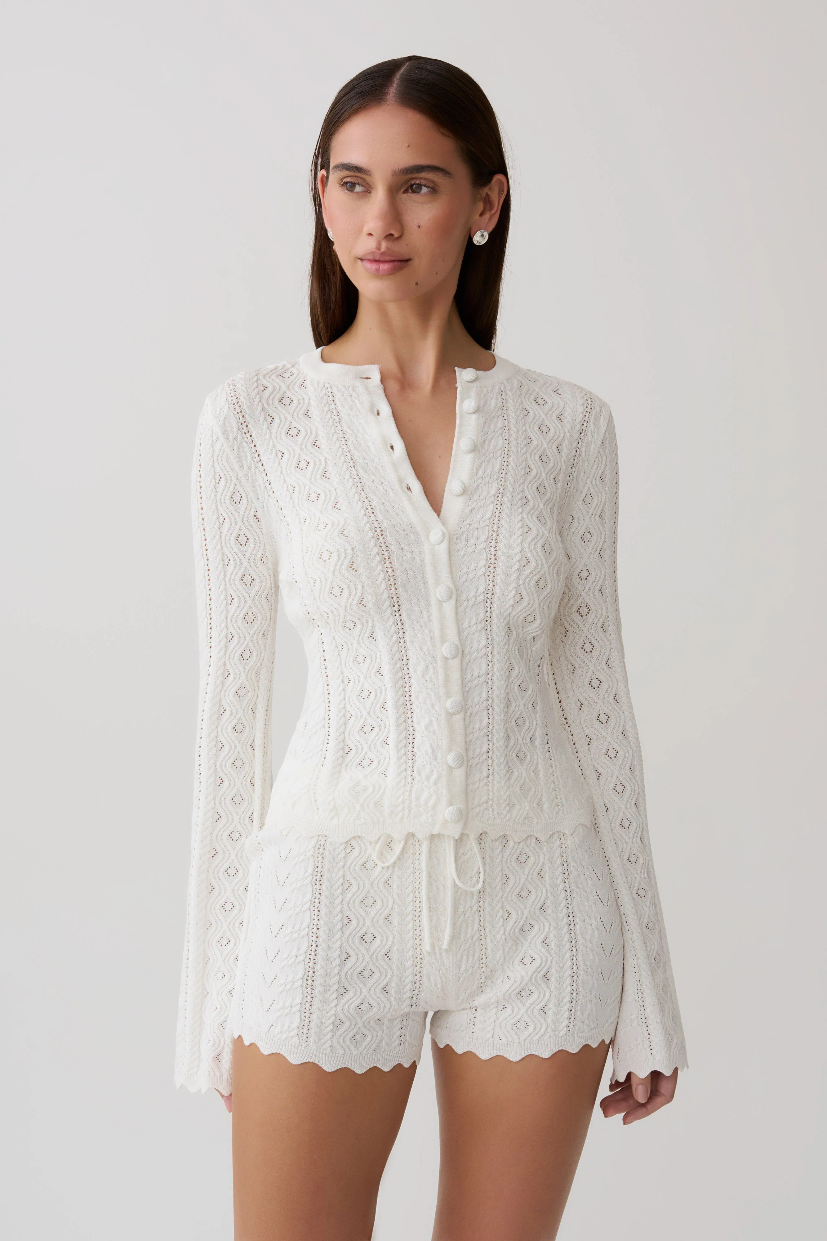 Darlene Pointelle Knit Long Sleeve Top - White | Meshki UK