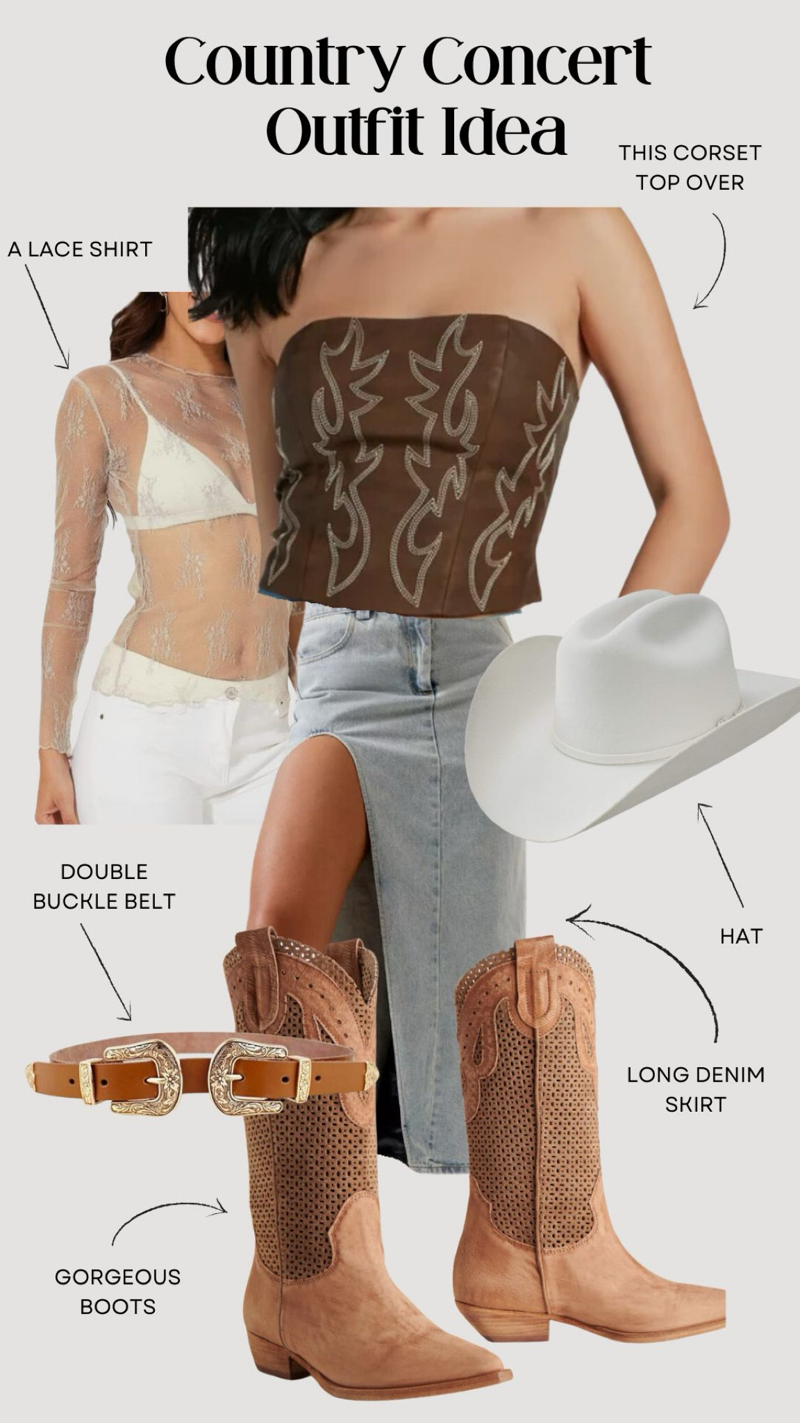 I’m absolutely in love with this leather tooled corset top over a lace shirt! If you need country concert outfit inspiration, this top can’t fail you! Paired with a long denim skirt and the perfect brown cowboy boots, you’ll be in full cowgirl mode! 

#LTKFestival #LTKStyleTip #LTKSeasonal