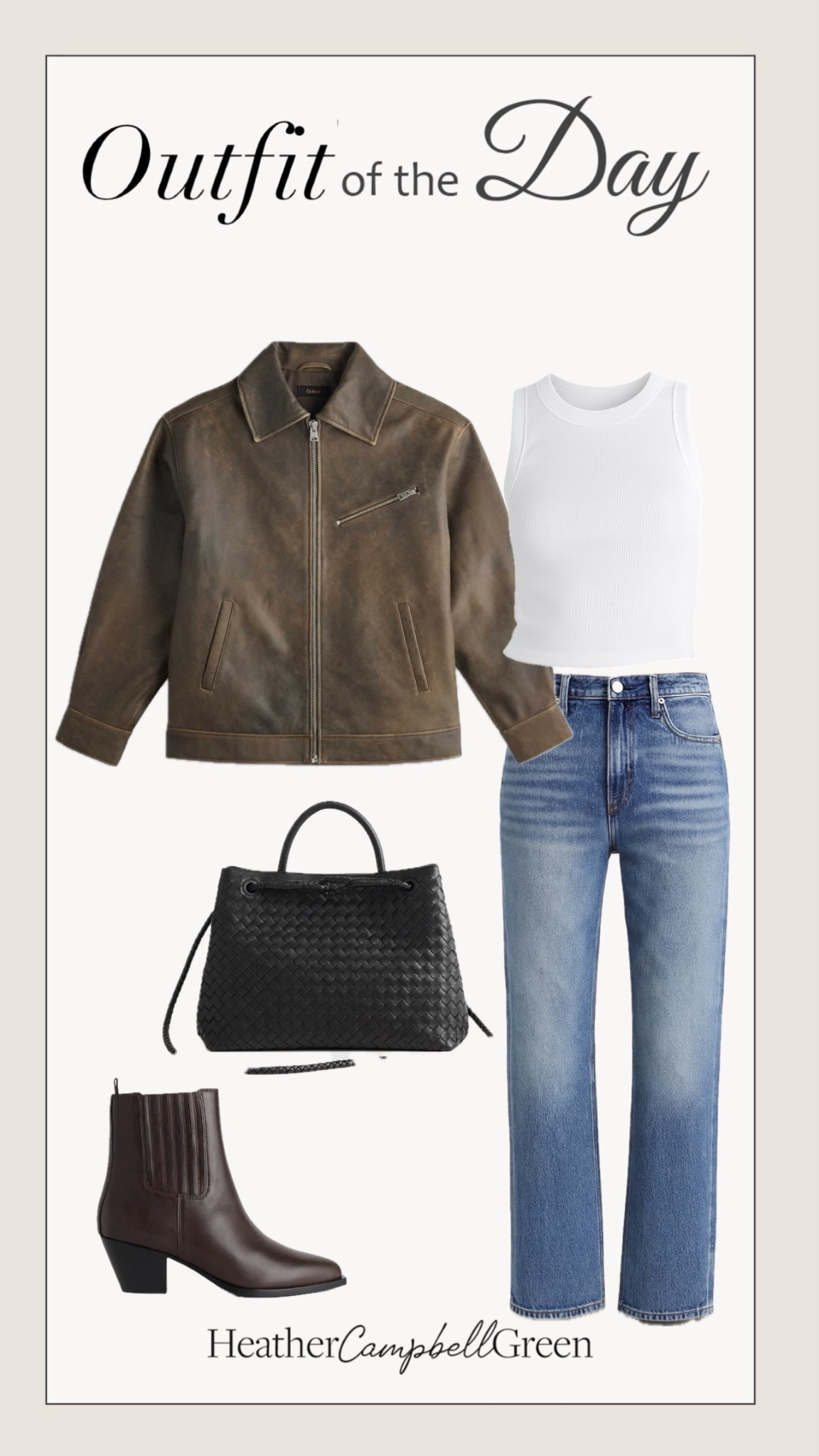 Effortless everyday outfit from @OneQuince featuring a brown leather jacket, classic white ribbed tank, straight leg denim, woven leather tote, and brown ankle boots. Timeless, elevated staples that mix easily into a capsule wardrobe and work for daily wear, travel, and casual outings. Quiet luxury style at an accessible price point. #Quince #QuincePartner 