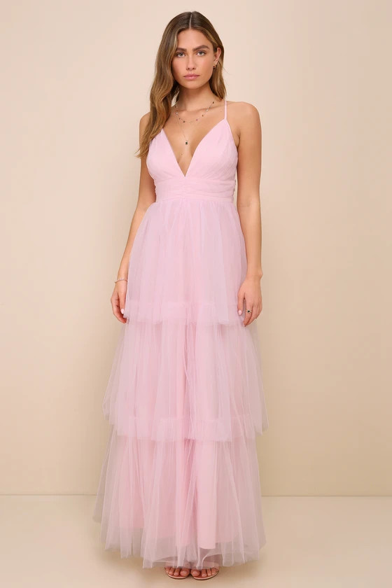 Charming Glamour Light Pink Tulle Sleeveless Tiered Maxi Dress | Lulus