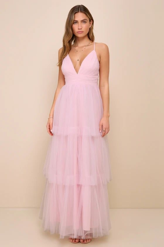 Light Pink Tulle Sleeveless Tiered Maxi Dress | Pink Maxi Dress | Light Pink Dress | Lulus