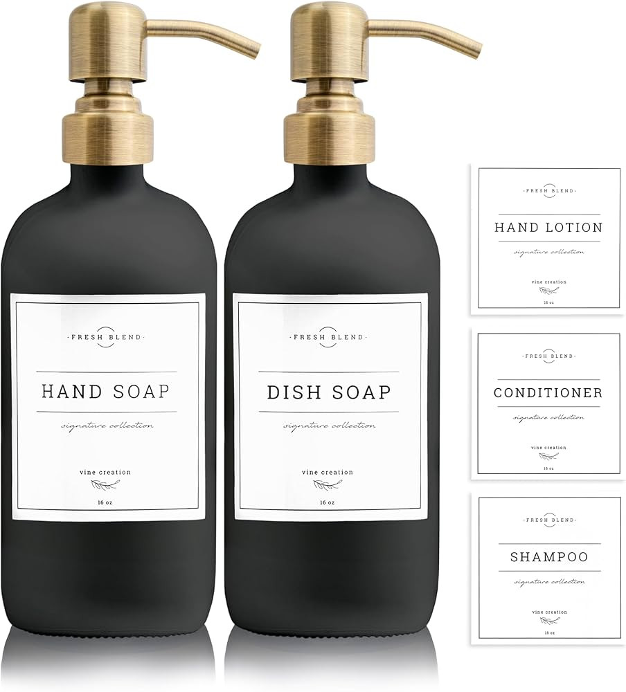 Vine Creations Black Glass Soap Dispenser, 2 Pack Kitchen Soap Dispenser Set with Stainless Steel... | Amazon (US)