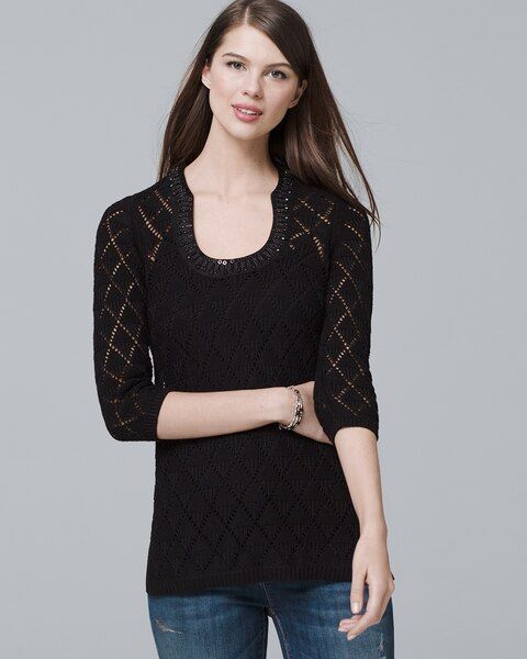Women's Three Quarter-Sleeve Embellished-Detail Sweater by White House Black Market, Black, Size XL | White House Black Market