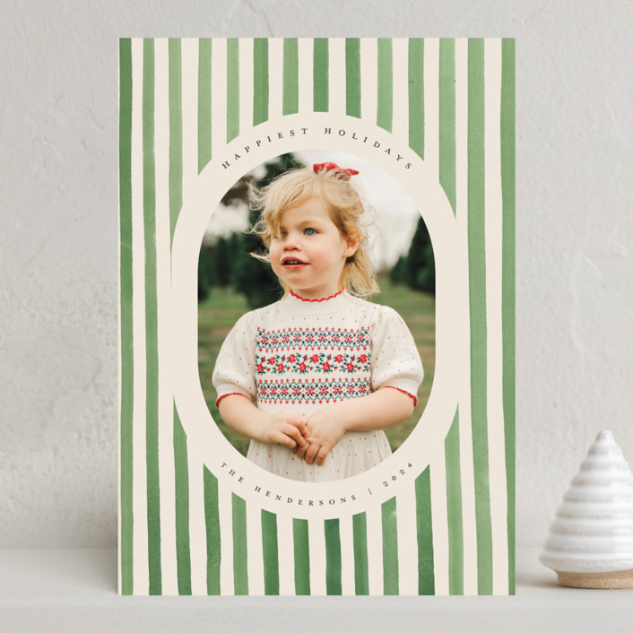 "Vintage Stripes" - Customizable Holiday Photo Cards in Green by Teju Reval. | Minted
