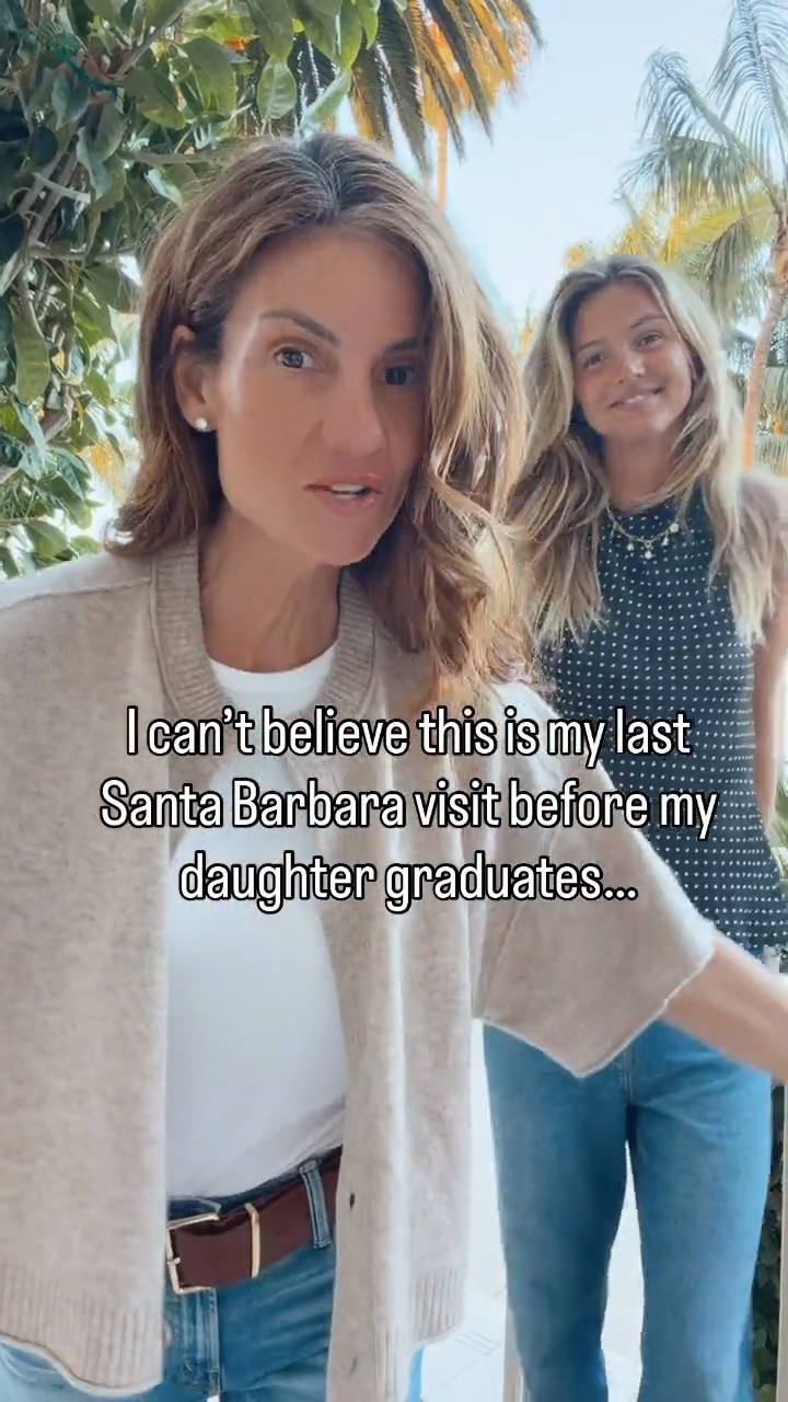 One last Santa Barbara visit before my daughter graduates. 🥹

Grace is wearing the cutest black polka dot top with an open back, jeans, sneakers, and simple gold jewelry.

I’m wearing the cashmere cardigan that keeps selling out (and is finally back in stock!), a white tank, mid-rise jeans with stretch, a brown belt I borrowed from Grace, and tan ballet flats.

I’m 5’7” wearing a size small in the cardigan and size 25 in the jeans. The jeans fit true to size.  Grace is 6'2" tall and wearing regular length jeans because they have a 32 inch inseam.  Her jeans are also available in short length and tall length, she's wearing standard. I would wear short.

#LTKootd #LTKmomlife #LTKTall