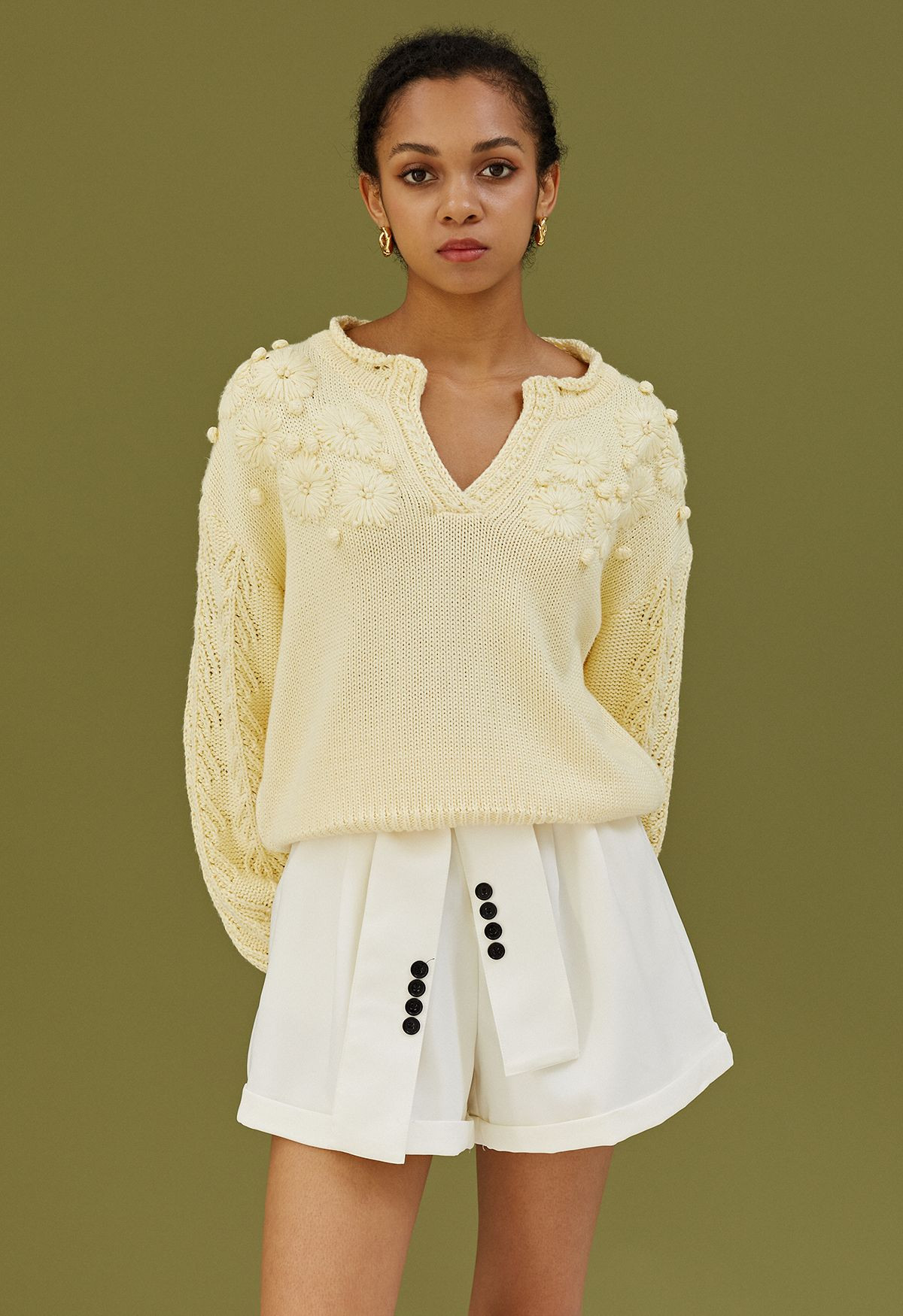 Blooming Passion Floral Stitch V-Neck Knit Sweater in Yellow | Chicwish