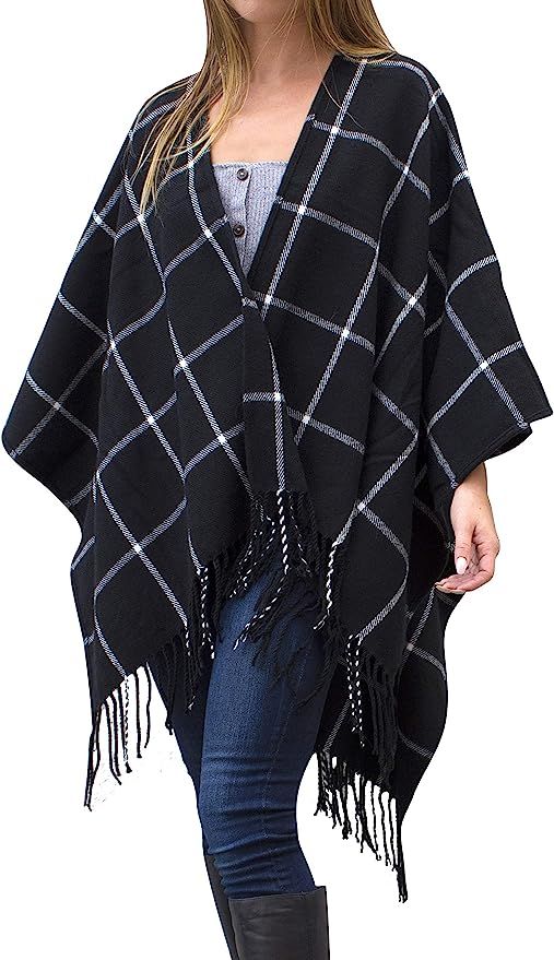 Daisy Del Sol Woven Knit Buffalo Plaid Checkered Wrap Oversized Blanket Sweater Poncho Ruana | Amazon (US)