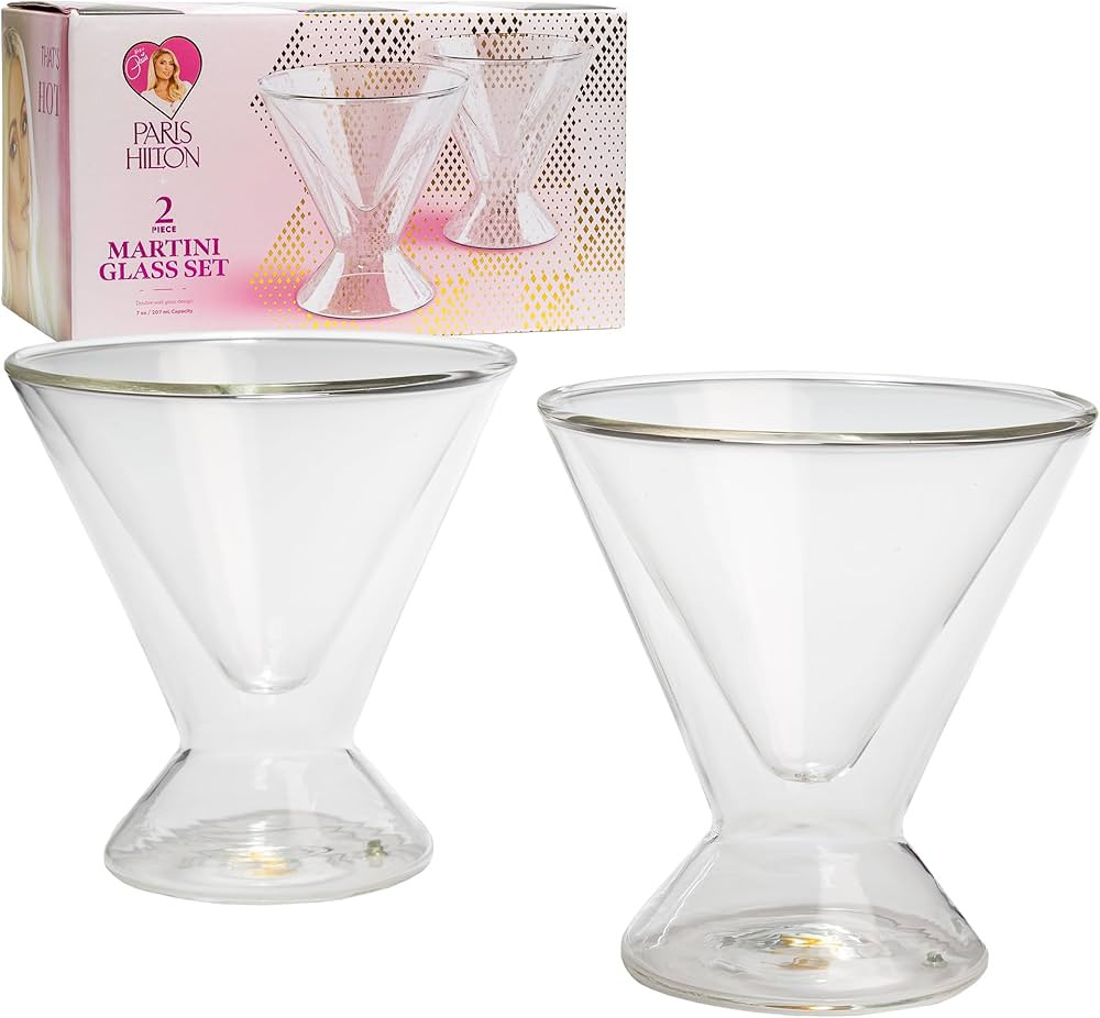 Paris Hilton 2-Piece Martini Glass Set, Double Wall Glass Design, Great for Martinis, Cocktails, ... | Amazon (US)