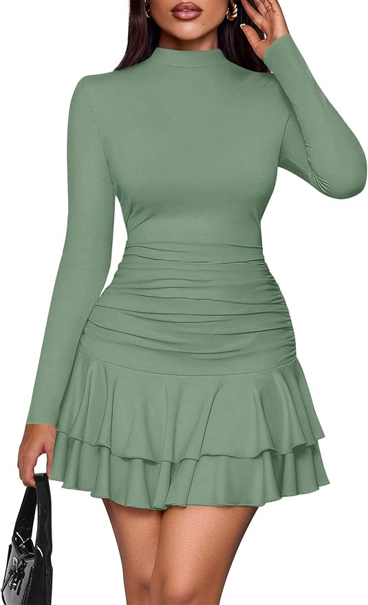 PRETTYGARDEN Womens Spring Long Sleeve Dresses 2026 Mock Neck Ruched Y2K Clothes Ruffle Layered B... | Amazon (US)