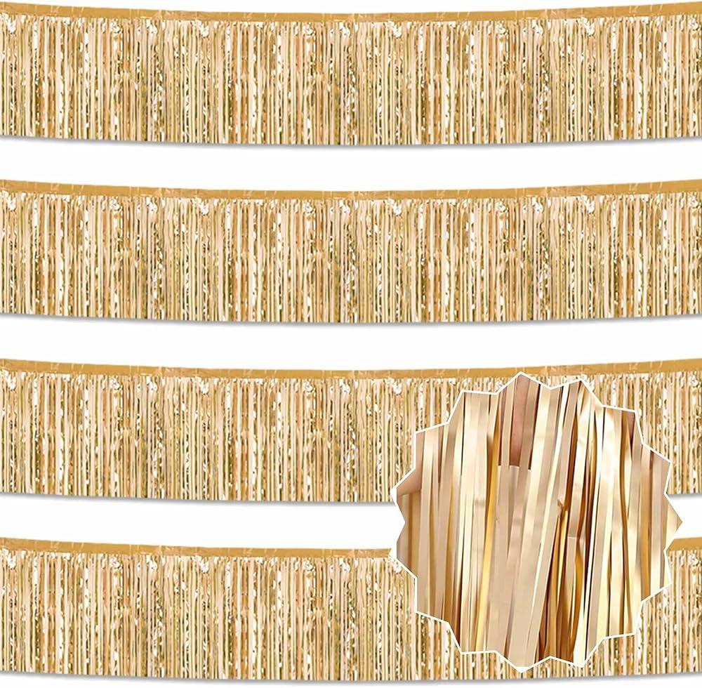 4 Pack 10 Ft Champagne Gold Foil Fringe Garland Metallic Streamers Tinsel Banner Wall Hanging Gar... | Amazon (US)