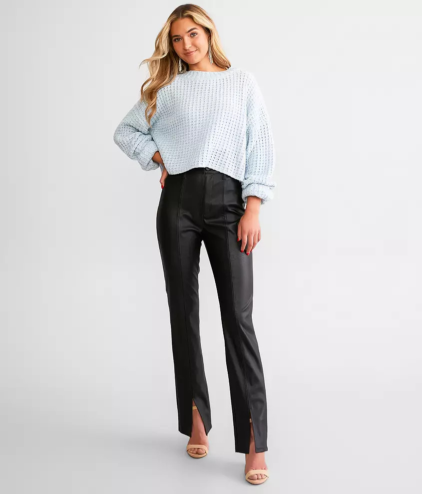 High Rise Faux Leather Split Straight Pant | Buckle