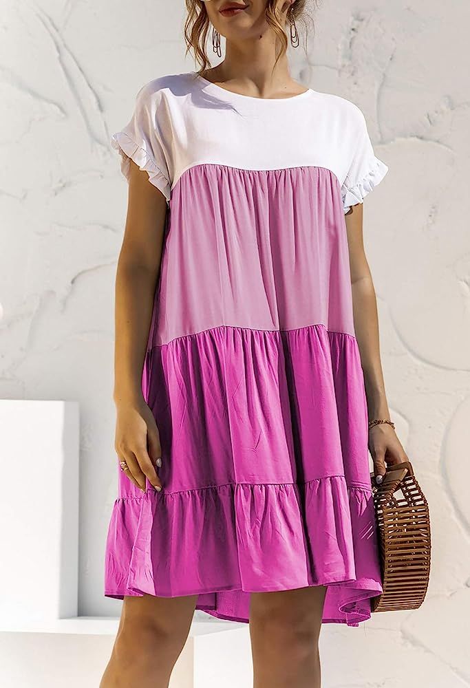 Pink Wind Women's Color Block Crewneck Babydoll Mini Dress Short Sleeve Ruffles Pleated Loose Swing  | Amazon (US)