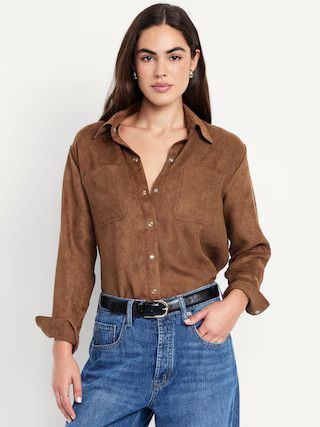 Button-Down Faux-Suede Boyfriend Shirt | Old Navy (US)