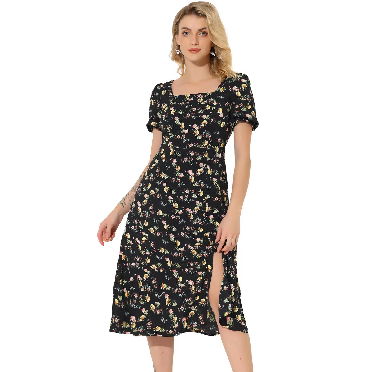 Allegra K Women's Summer Floral Square Neck Puff Short Sleeve Split Midi Dress | Target