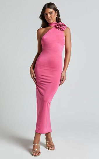 Alvera Maxi Dress - Rosette Neck Tie Detail Dress in Pink | Showpo (US, UK & Europe)