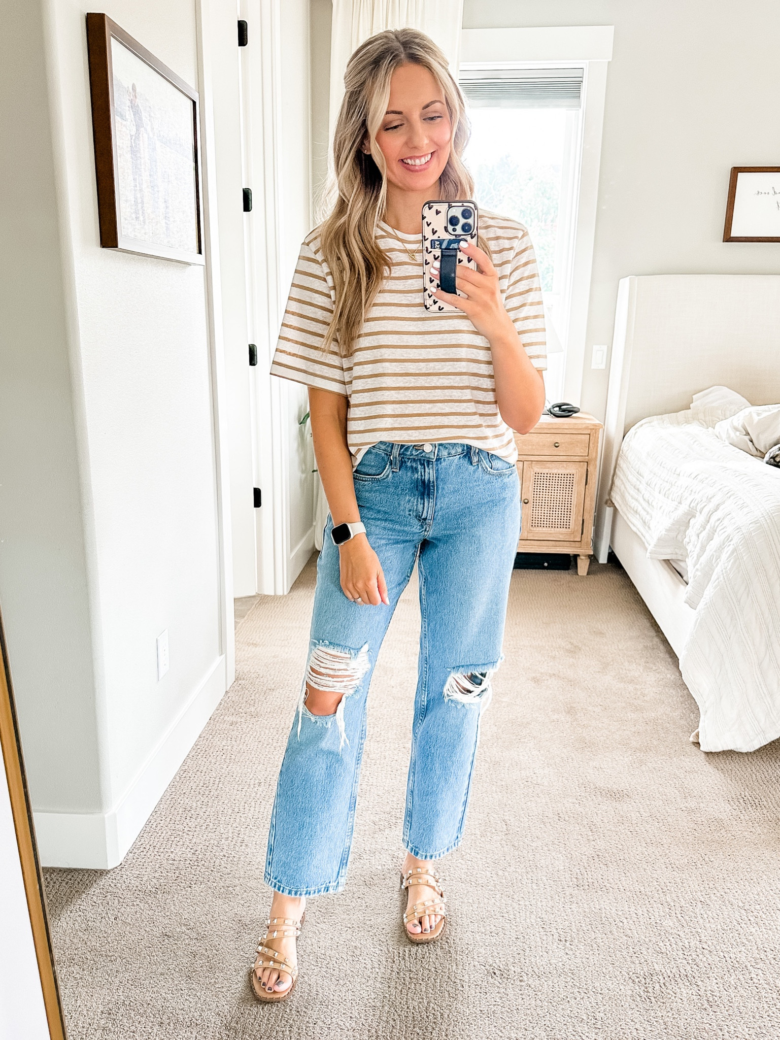 Amazon straight leg distressed jeans paired with a white linen stripped tee from Target 

Spring outfit idea, slip on studded sandals

#LTKshoecrush #LTKunder100 #LTKstyletip