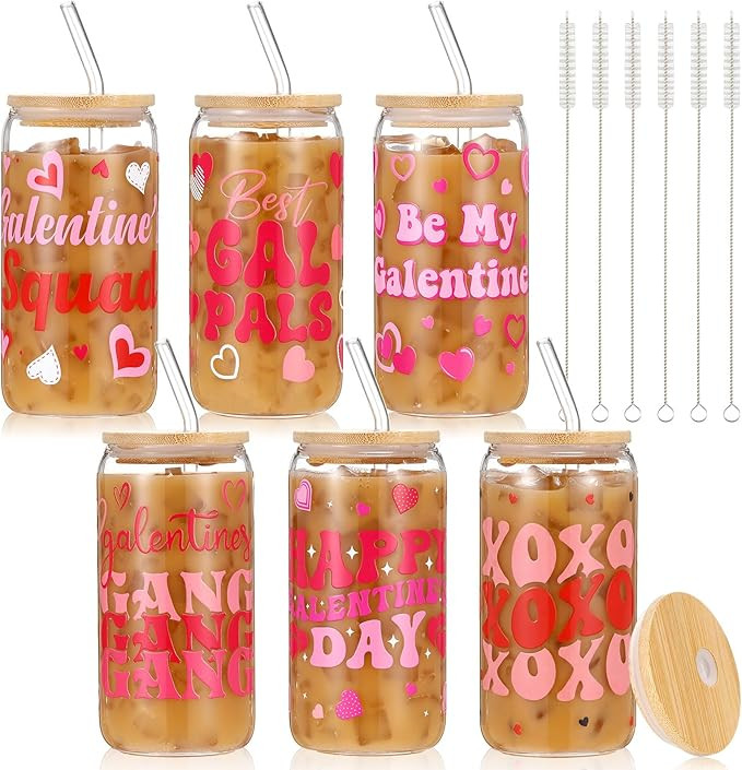 6 Pcs Galentines Glass Cup 16 oz Hearts Glass Cups with Lids and Straws, Galentines Reusable Iced... | Amazon (US)