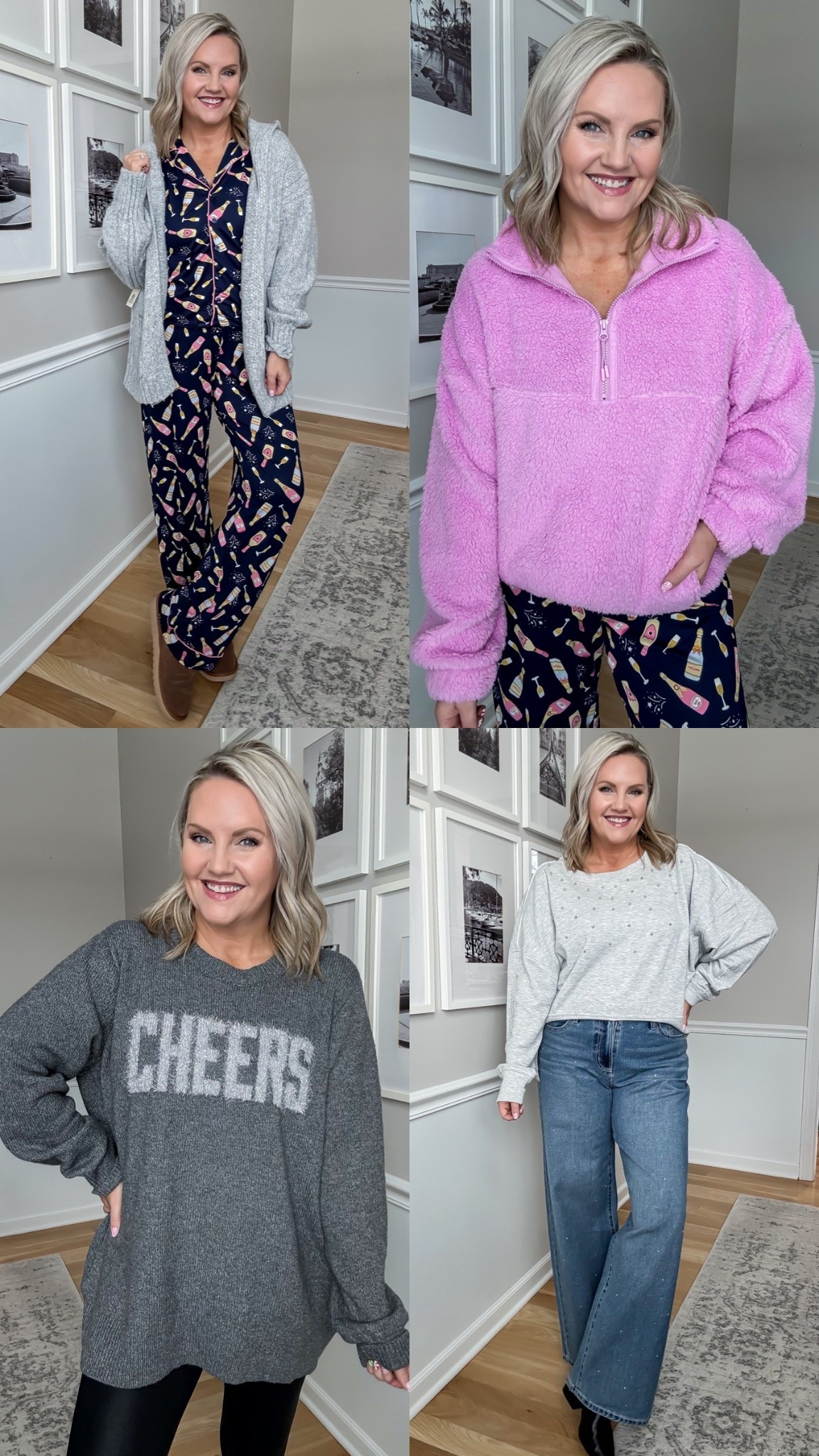 Cozy and comfy NYE outfits from Walmart! 
Pjs - small
Cardigan - small
Pullover - large, but ordered medium
CHEERS sweater - 1X
Sparkle jeans - medium
Pearl detail sweatshirt - small

#LTKFindsUnder50 #LTKHoliday #LTKSeasonal