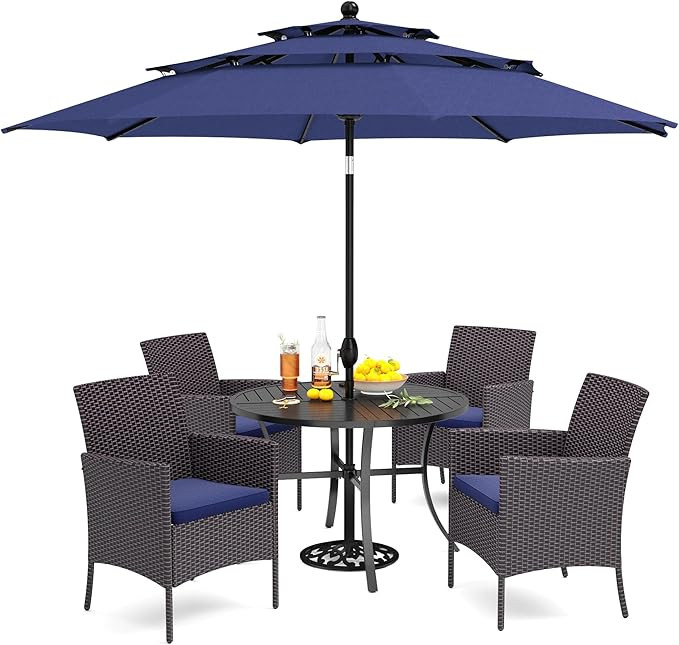 PHI VILLA 5 Piece Outdoor Dining Set with Umbrella for 4, Round Metal Steel Dining Table & Wicker... | Amazon (US)
