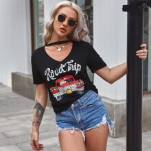 Car And Slogan Graphic Choker Neck Tee | SHEIN