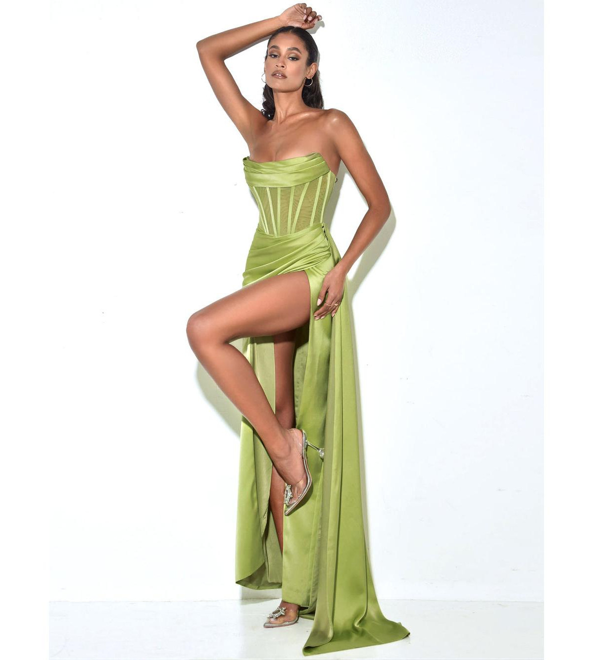 Miss Circle Women's Prisa Lime High Slit Satin Corset Gown - Lime green | Macy's