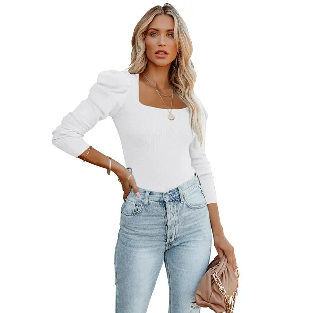 REORIA Womens Puff Long Sleeve Bodysuit Ribbed Square Neck Slimming Thong Tops | Walmart (US)