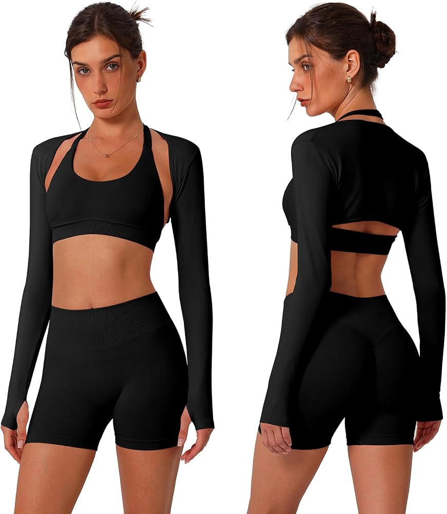 ABOCIW 3 Piece Workout Sets for Women Seamless Halter Sports Bra High Waist Biker Shorts Long Sle... | Amazon (US)