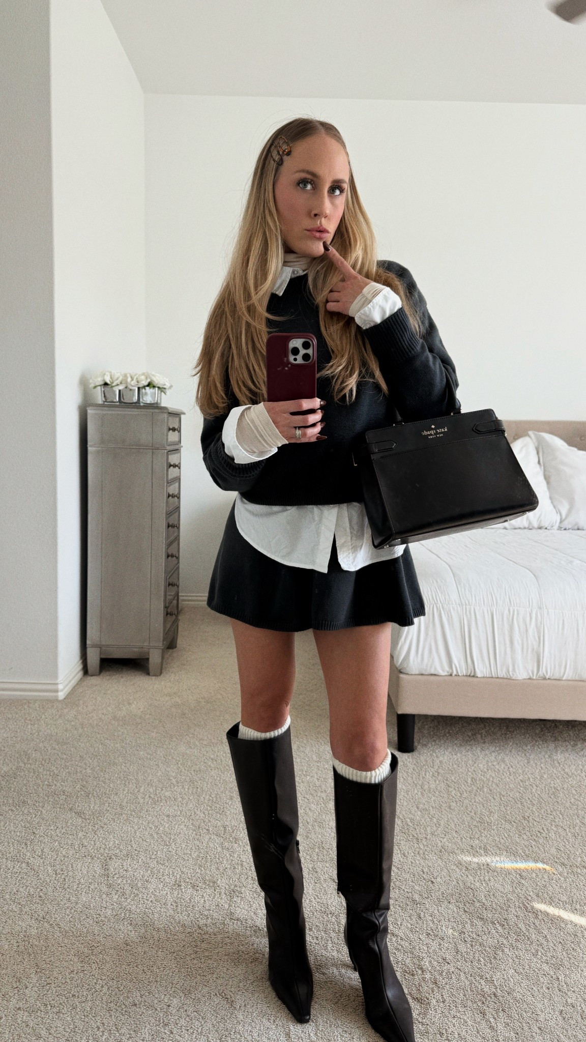 Dark grey sweater layered over white button-down with mini skirt and knee-high boots. Tts 🩶
Classic preppy chic outfit perfect for winter to spring — polished everyday look with structured handbag 🤌🏼
Boots are from NA-KD “Slim Toe Leather Knee High Boots"


#LTKSaleAlert #LTKootd