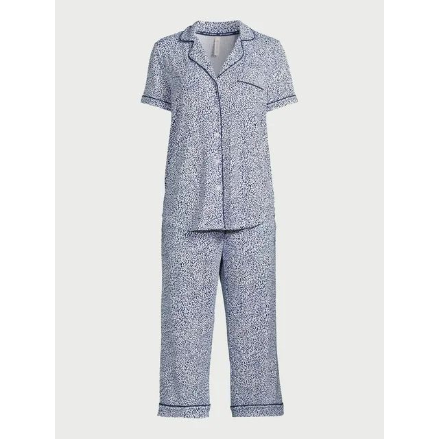 Joyspun Women's Knit Short Sleeve Notch Collar Top and Capri Pajama Set, 2-Piece, Sizes S to 3X | Walmart (US)