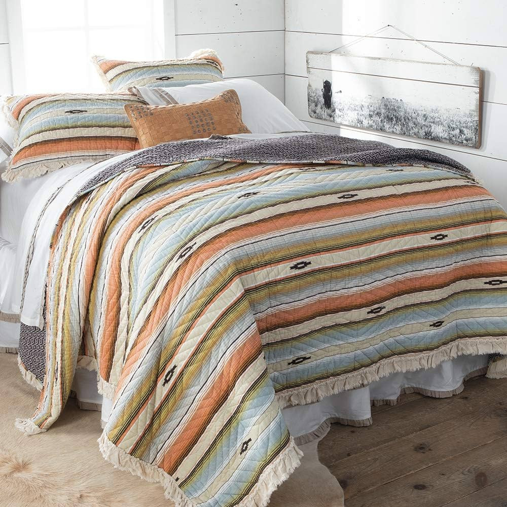 Southwest Ruffle Edged Blue, Orange, Green and Brown Stripe 3 Piece Quilt Set Size Full/Queen | Amazon (US)