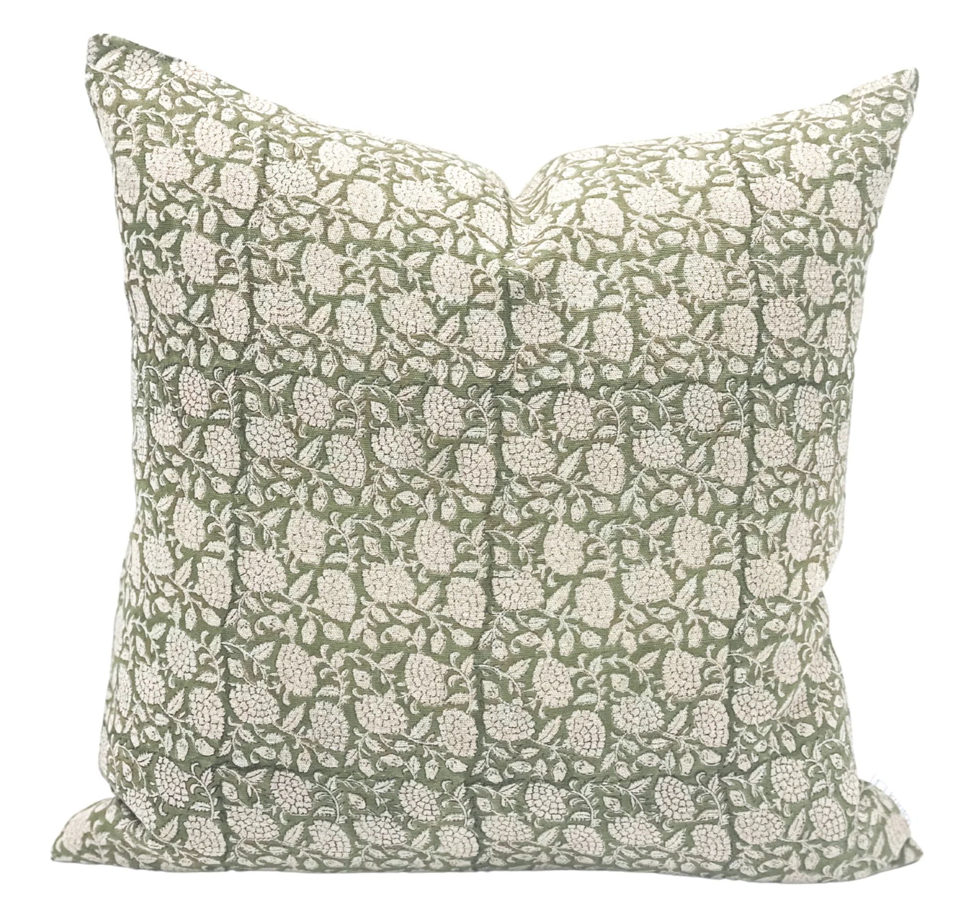CHLOE IN OLIVE GREEN ON NATURAL LINEN PILLOW COVER | Krinto