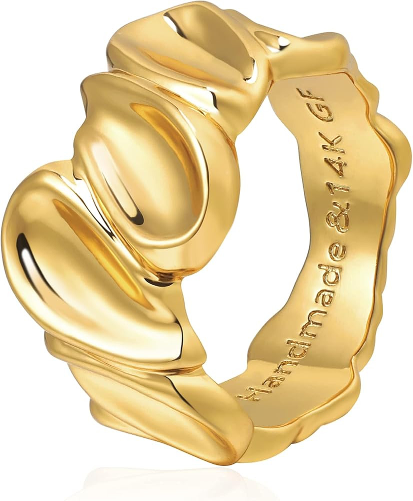 LADYGD 14K Gold Plated Rings for Women Trendy Stackable Chunky Ring Simple Hammered Twisted Braid... | Amazon (US)