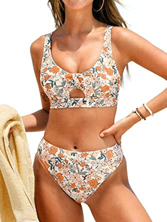 CUPSHE Bikini Set for Women Two Piece Swimsuits High Waist Criss Cross Back Tie Cut Out Ditsy Pri... | Amazon (US)
