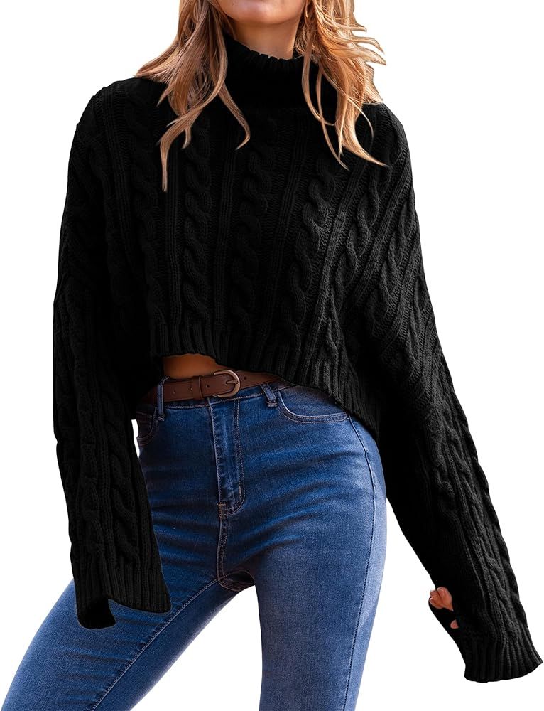 PRETTYGARDEN Women's Turtleneck Batwing Long Sleeve Crop Sweater 2023 Fall Chunky Cable Knit Cute Pu | Amazon (US)